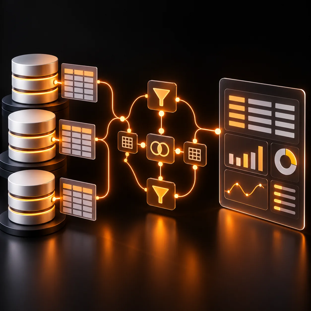 Orange query paths connecting abstract database cylinders through filters and joins to a structured result panel