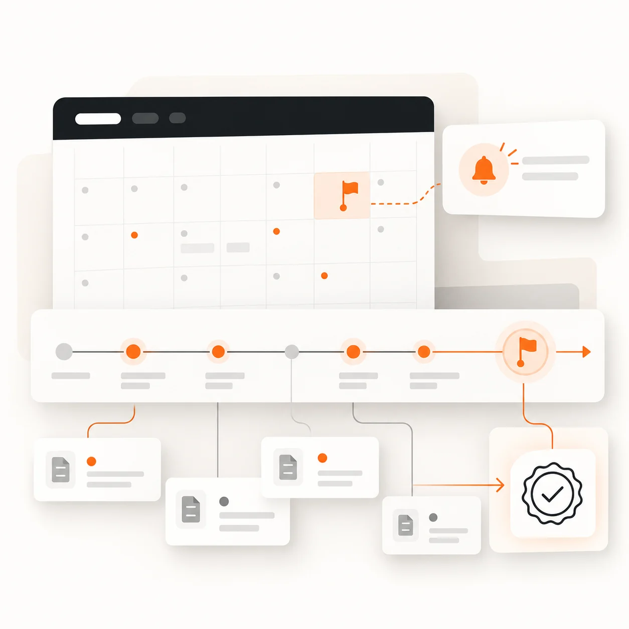 Abstract deadline tracking system with calendar grid, milestone timeline, due-date flag, escalation signal, and review checkpoint