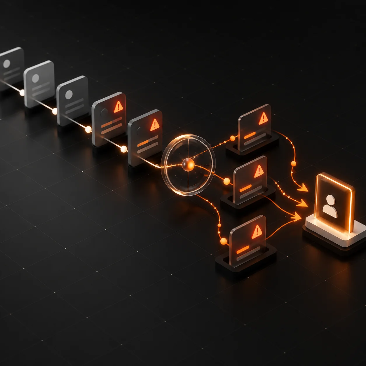 Abstract sales pipeline with deal cards, orange risk signals, a monitoring lens, and a human review checkpoint