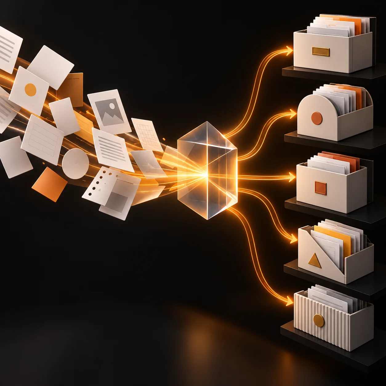 Orange paths sort abstract documents through a luminous prism into organized archive drawers