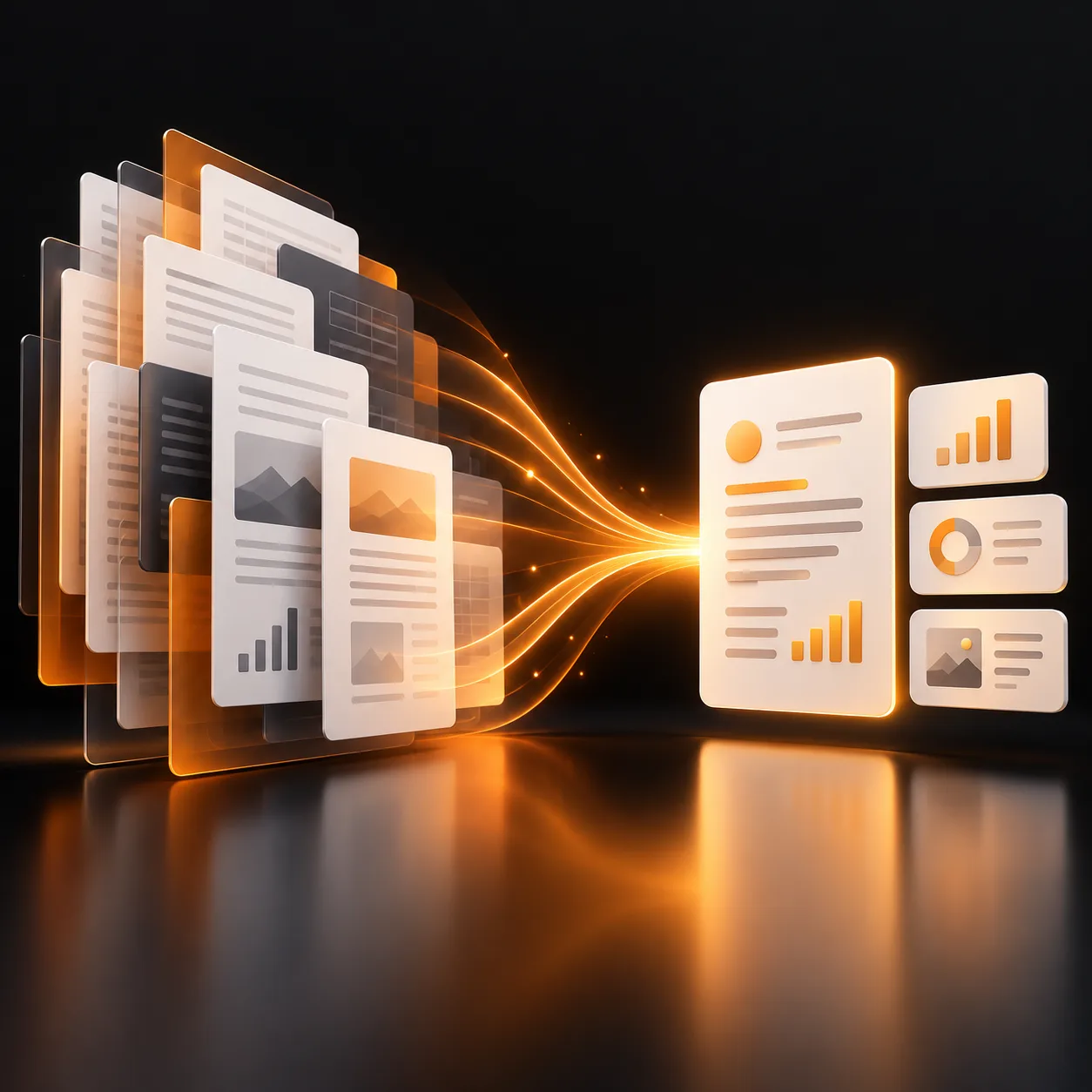 Orange light condensing layered abstract documents into a concise structured summary card and insight tiles