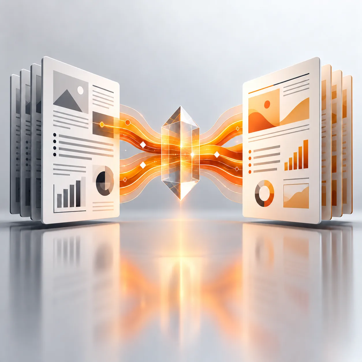 Orange translation ribbons connect two abstract document stacks through a central prism with preserved structure cues