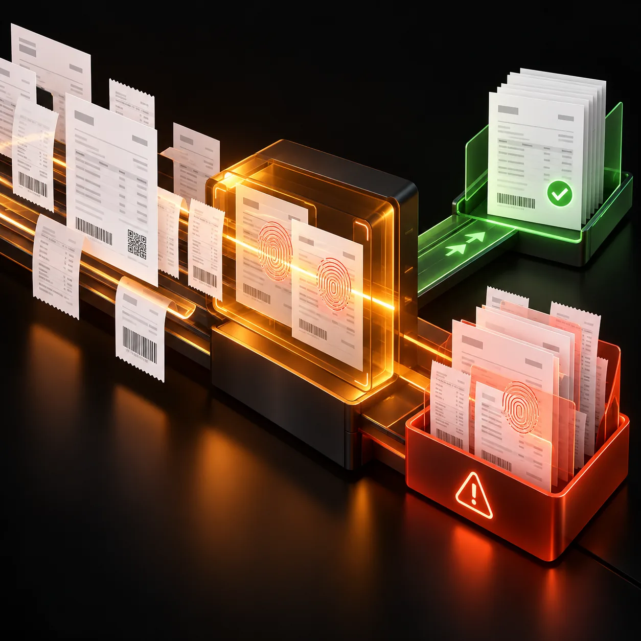 Abstract duplicate invoice detection workflow comparing invoice cards through a scanner and routing clear or suspected duplicates