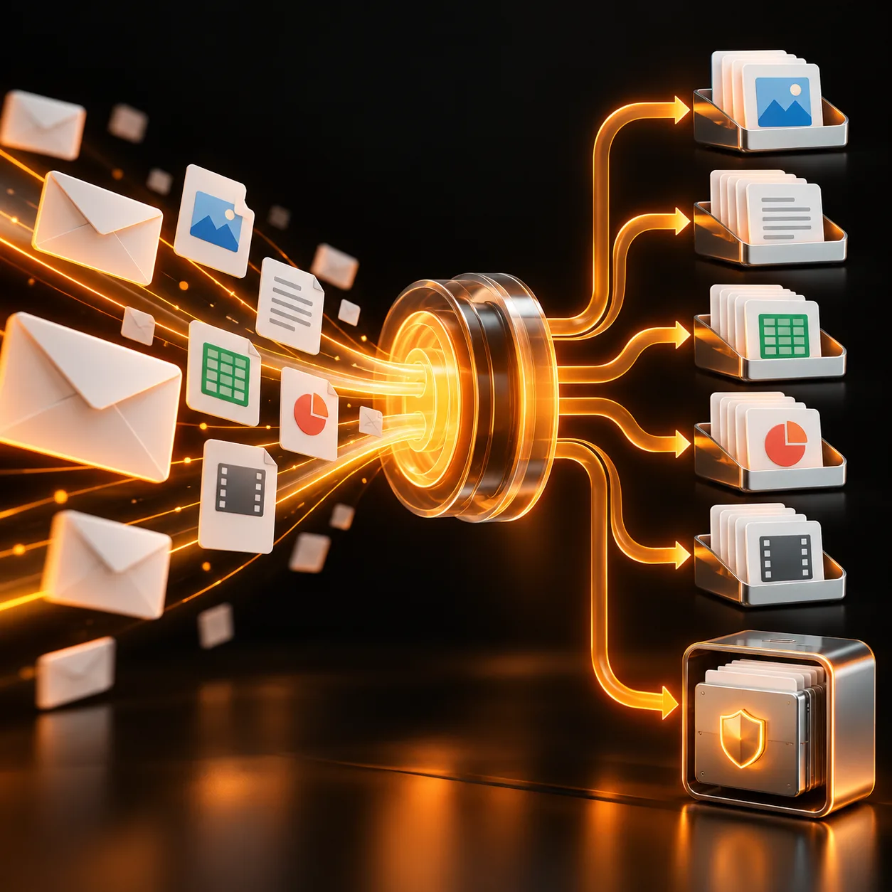 Orange email envelopes and abstract file cards pass through an intake hub into organized processing trays and a secure archive