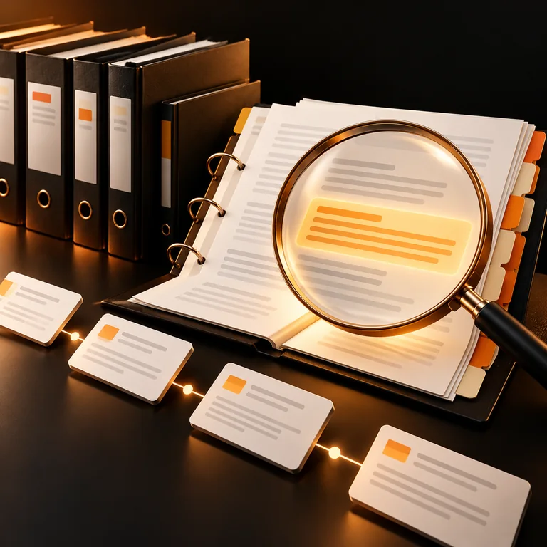 Indexed employee policy binders and pages under an amber search lens highlighting the relevant source