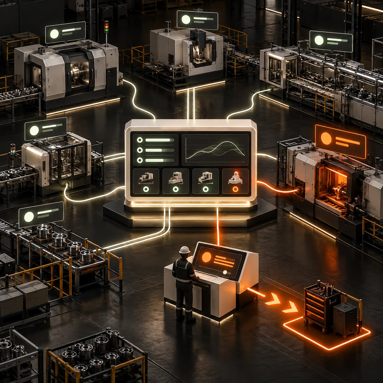 Abstract industrial equipment monitoring workspace with connected machines, uptime signals, an orange downtime alert, and a maintenance handoff path