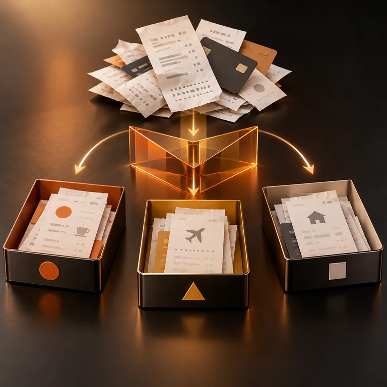 Receipts and expense cards flowing through an amber sorting prism into three category trays