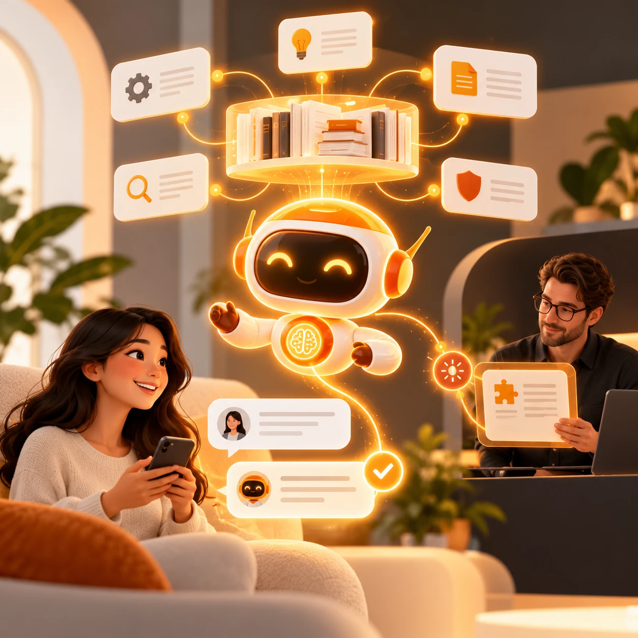 Orange AI FAQ resolution assistant connecting approved help content to a customer answer and human support escalation