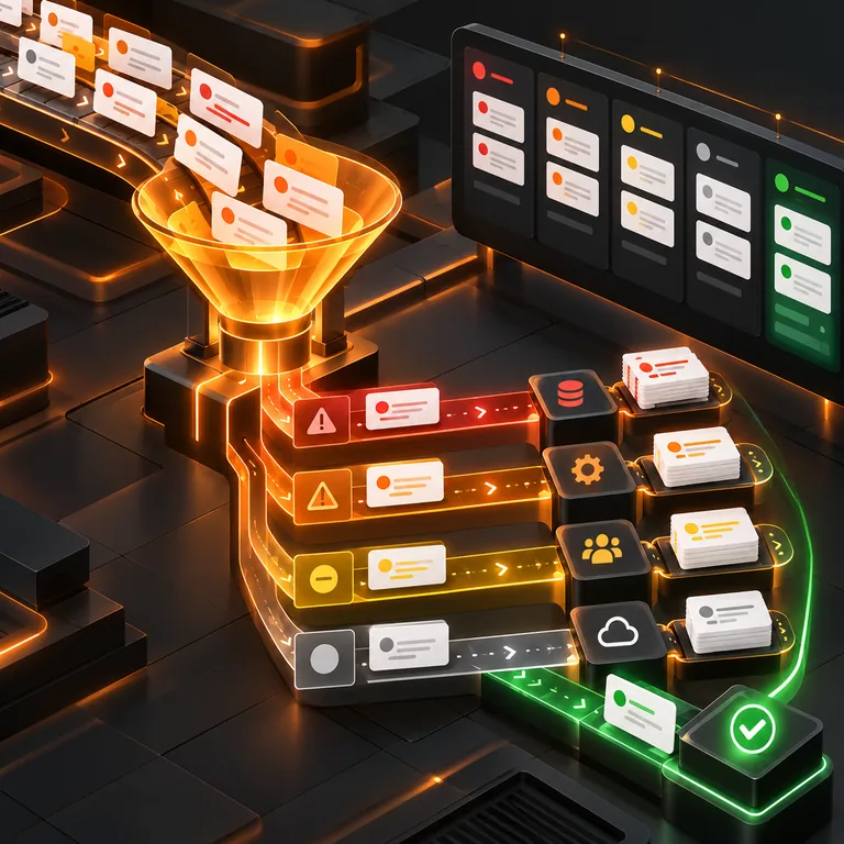 Abstract incident ticket cards entering an amber classification funnel, severity lanes, service icons, and a green verified routing path