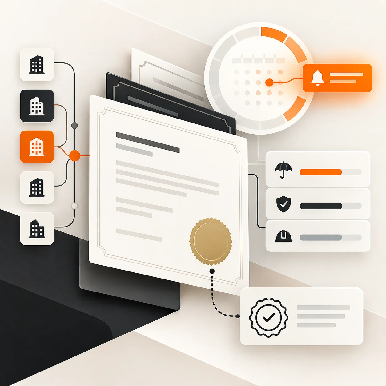 Abstract insurance certificate tracking workspace with certificate cards, expiry calendar, coverage bands, renewal alert, and verification checkpoint
