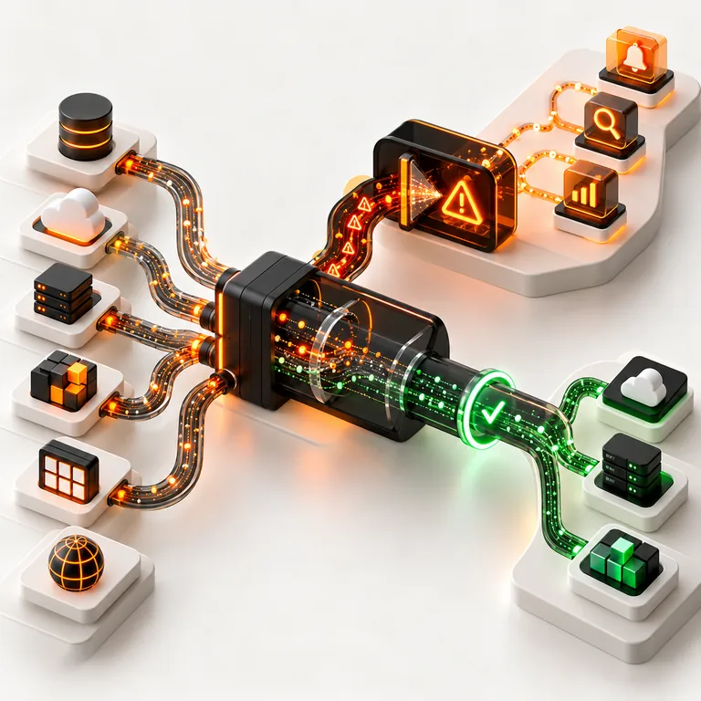 Abstract service connectors, data bridges, orange error pulses, amber alert lane, endpoint modules, and green verified flow