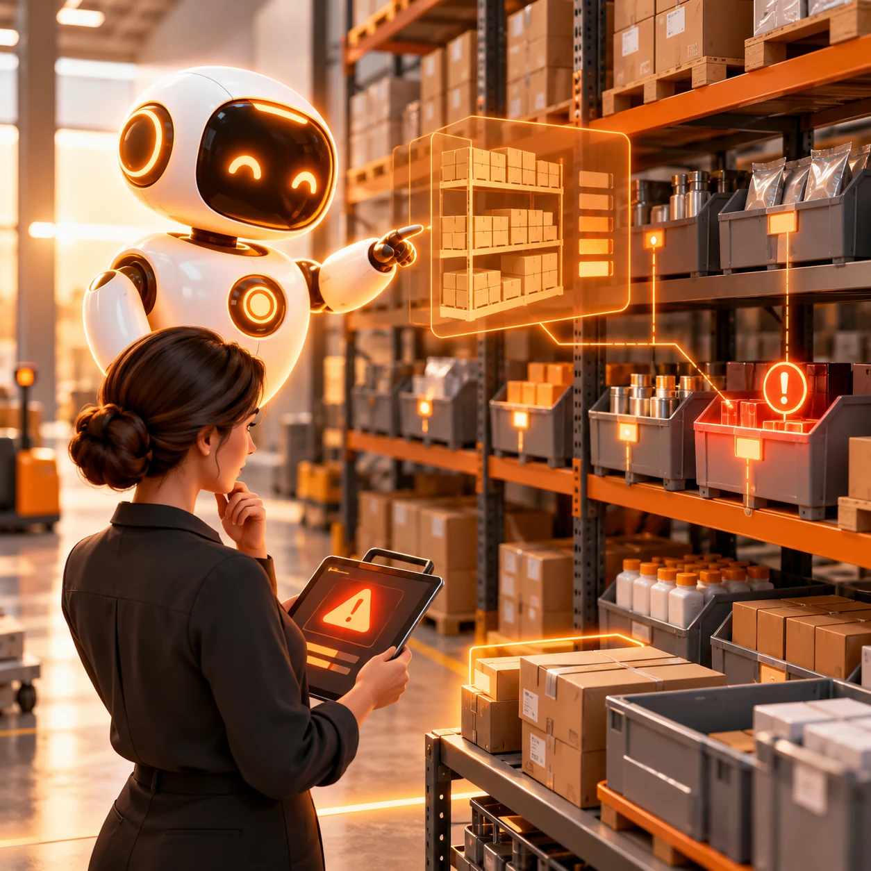 Orange AI inventory monitoring assistant watching warehouse shelves, stock levels, replenishment signals, and human-reviewed exceptions