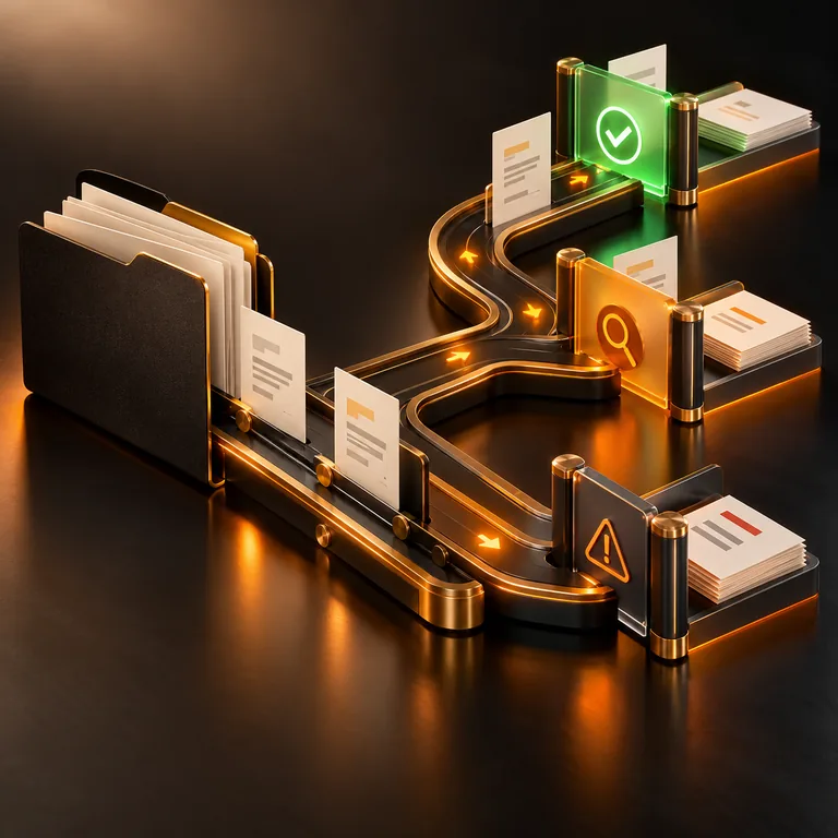 Invoice folder feeding a branching amber approval route with review and exception gates