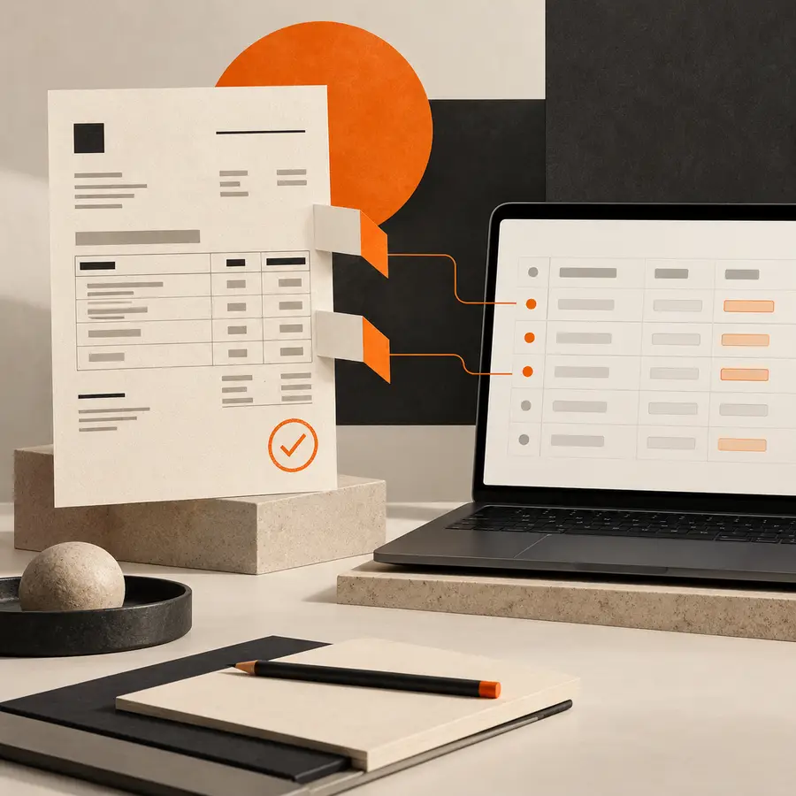 Editorial paper collage of a software vendor invoice connected to a laptop grid of structured finance fields with an orange validation stamp.