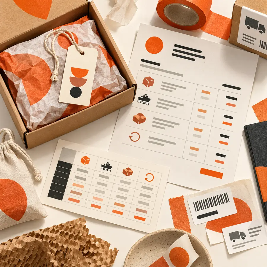 Editorial still life of a kraft ecommerce mailer, tissue paper, product tag, supplier invoice and structured data card in Tranki orange and charcoal.
