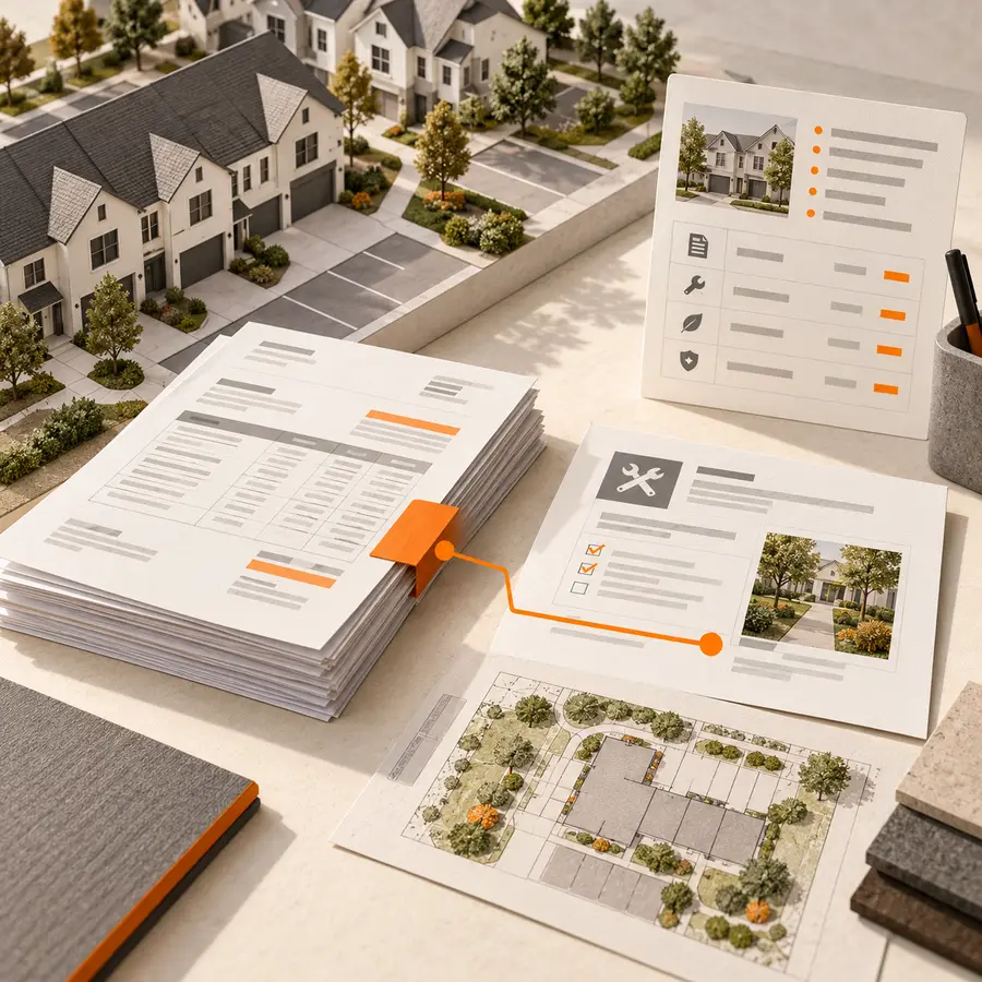 Architectural paper collage of a townhouse community model beside HOA vendor invoices, a maintenance work order and orange approval tab.