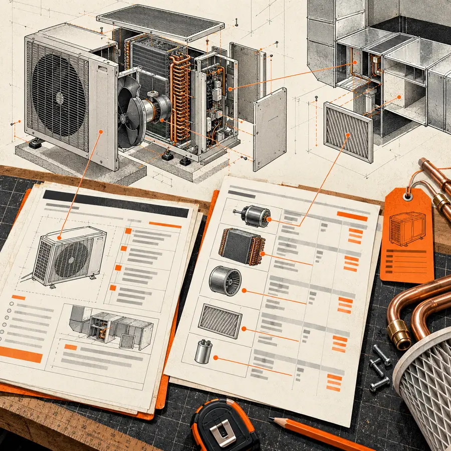 Technical paper collage of a heat pump and duct drawing beside a parts invoice, HVAC work order and orange service tag.