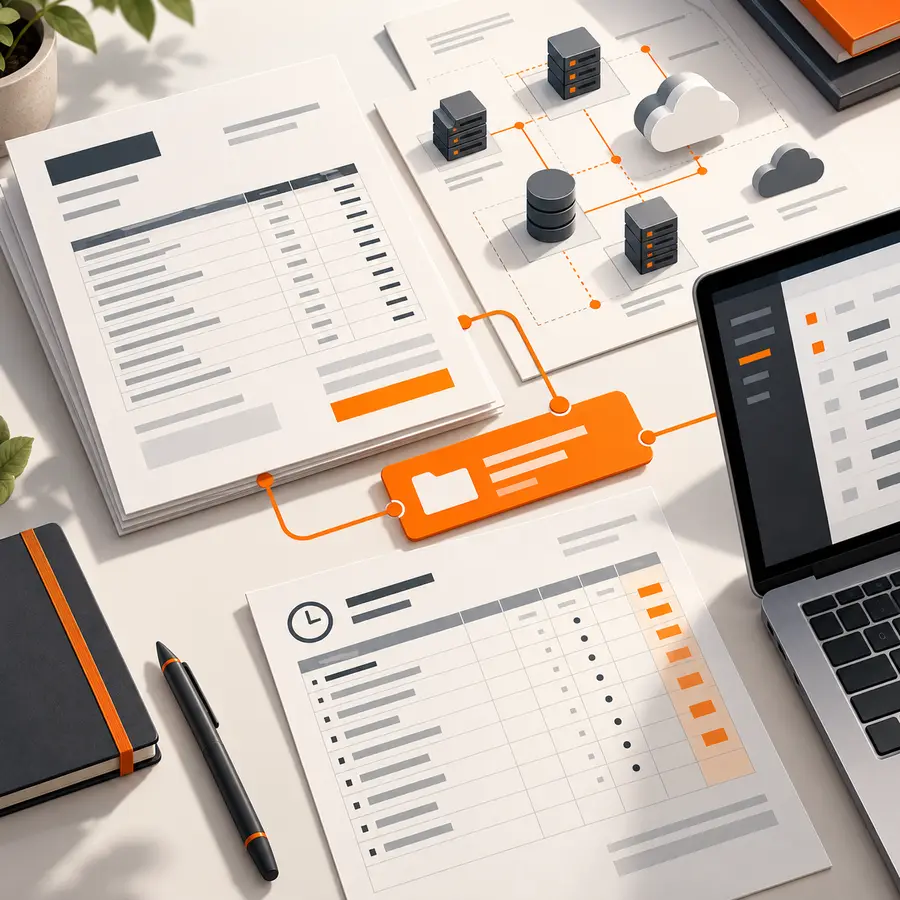 Isometric consulting finance desk with abstract network diagram, invoice, timesheet, laptop data rows and orange project-code tab.