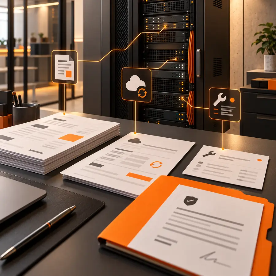 Editorial illustration of a compact server rack beside MSP supplier invoices, a software renewal sheet, service ticket and orange agreement tab.