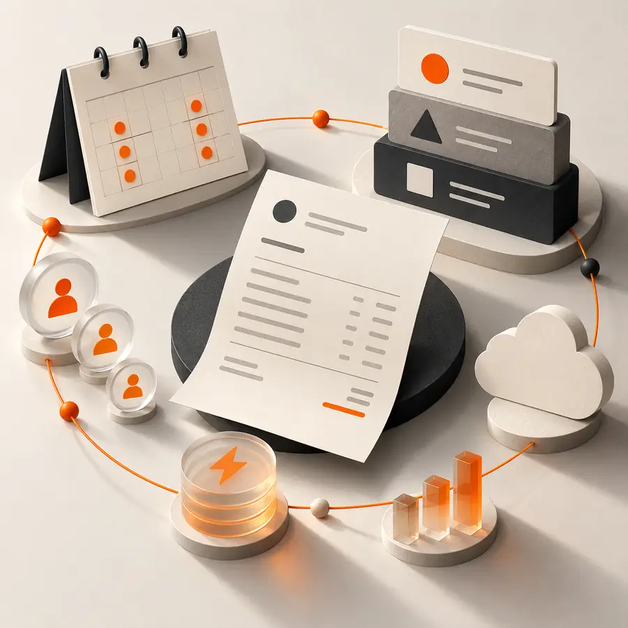 Editorial still life of a subscription invoice, billing calendar, tiered service cards, seat markers, a cloud form and an orange usage indicator.