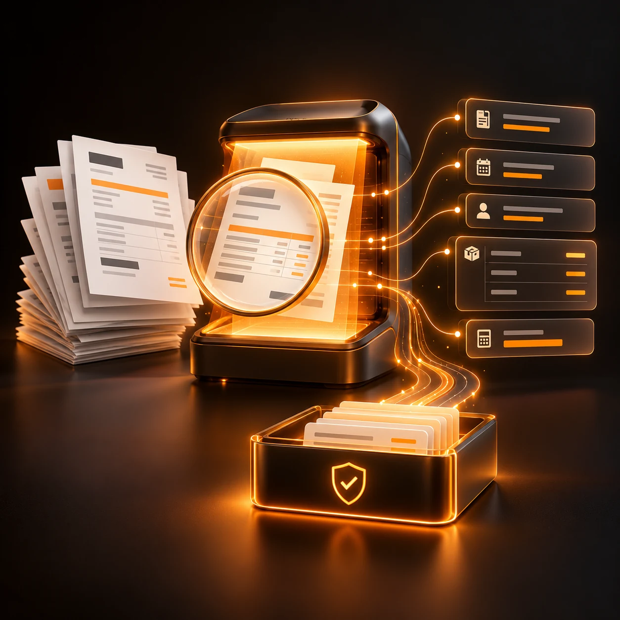 Orange AI invoice scanner extracting structured invoice fields and line items into a secure finance data tray