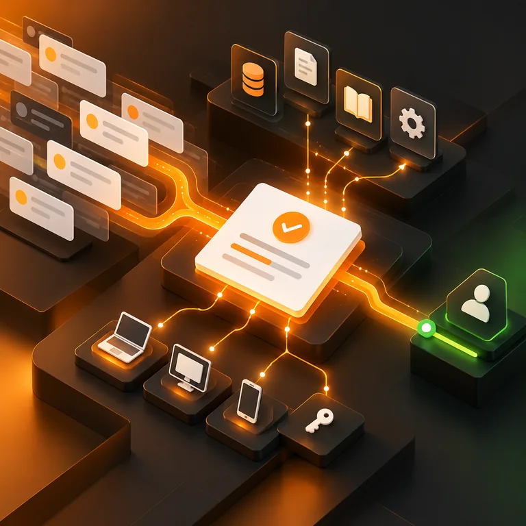 Abstract help desk tickets, knowledge tiles, orange routing path, resolution card, device symbols, and a human-review handoff