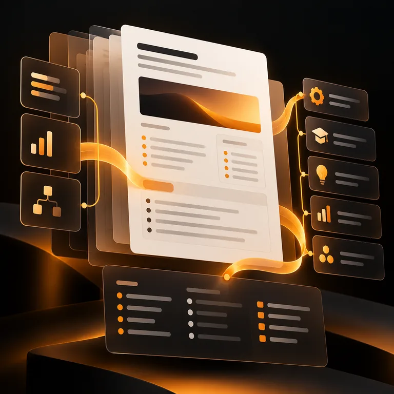 Layered role brief pages, structured content blocks, skill taxonomy cards, and an amber editing ribbon connecting sections