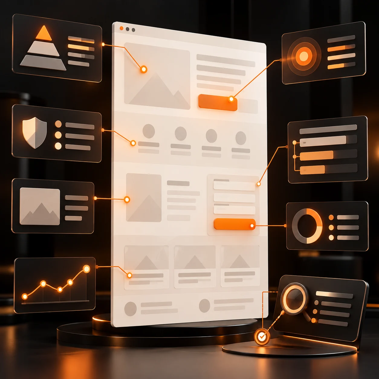 Abstract landing page analysis workspace with a modular page, orange diagnostic paths, trust markers, and conversion review panels