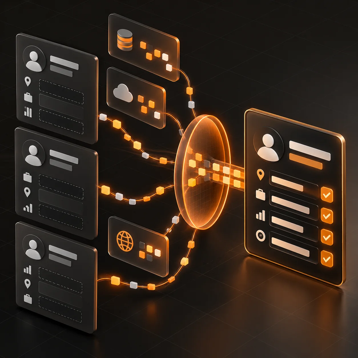 Abstract lead enrichment workspace with incomplete prospect profiles, approved data sources, an orange verification lens, and a validated profile card