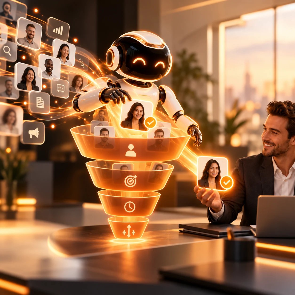 Orange AI lead qualification assistant sorting prospect signals into a sales funnel with fit, need, timing, and human-reviewed handoff