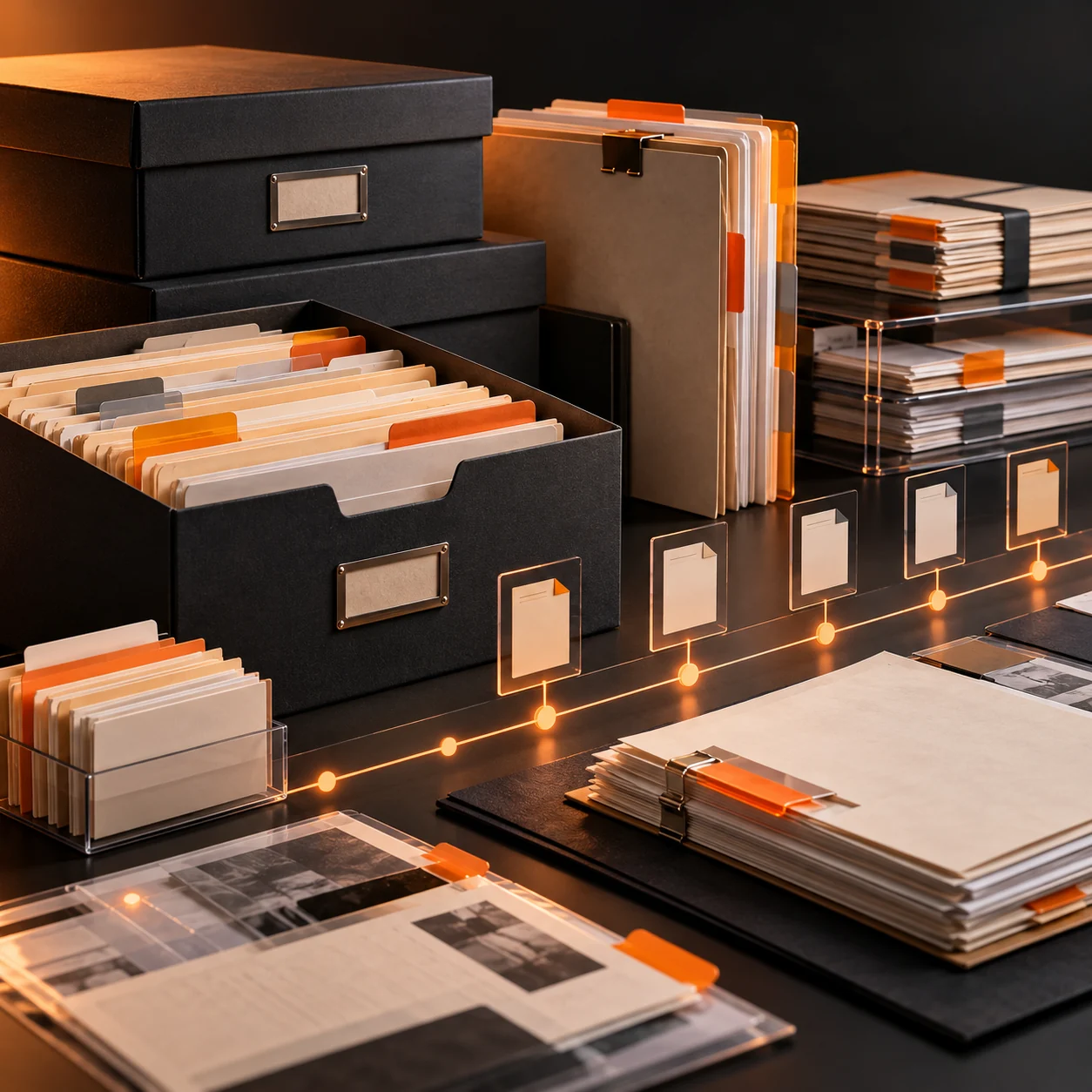 Abstract litigation document organization workspace with archival case boxes, indexed folders, evidence tabs, and orange chronology markers