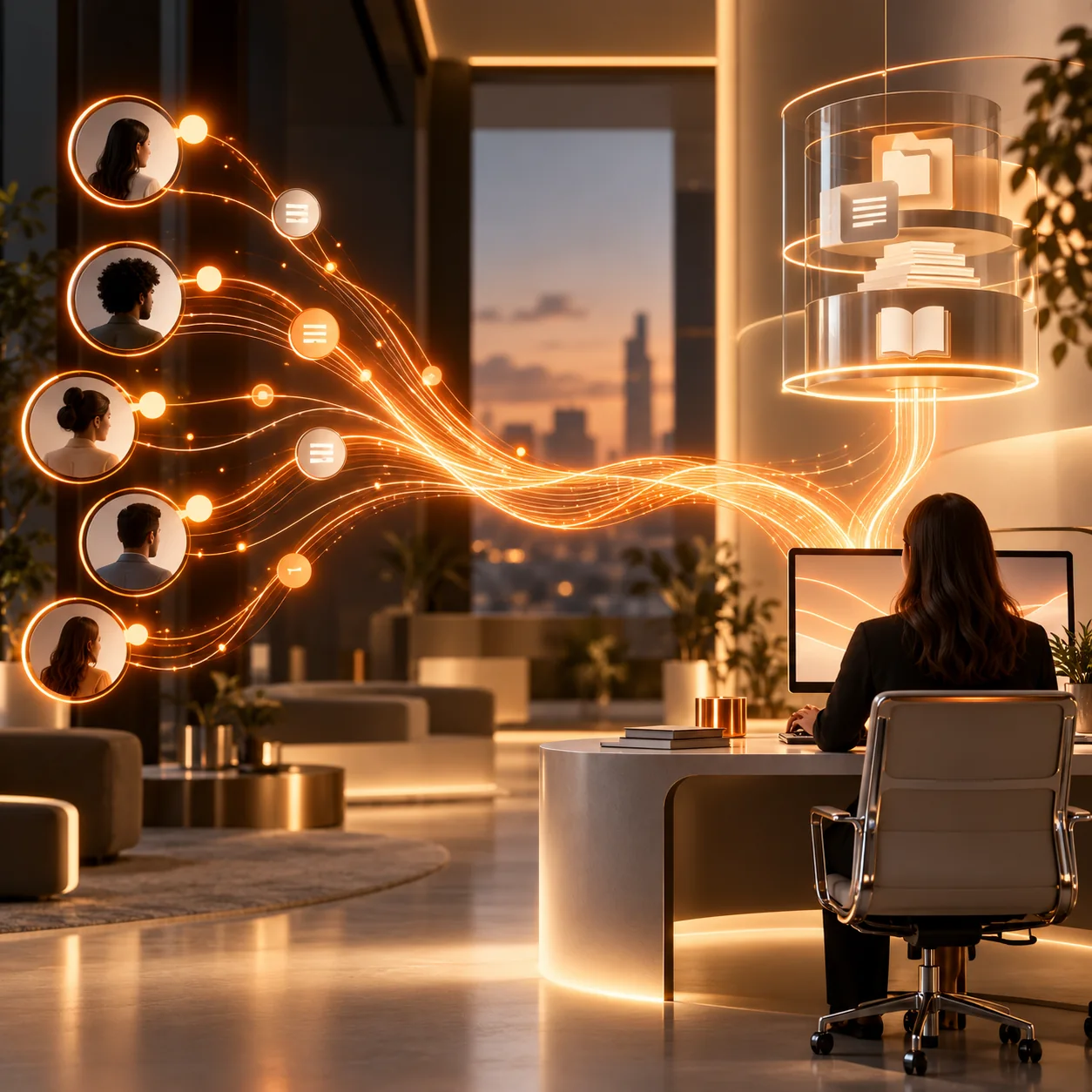 Orange live support bridge connecting customer signals, approved knowledge, and a human support specialist