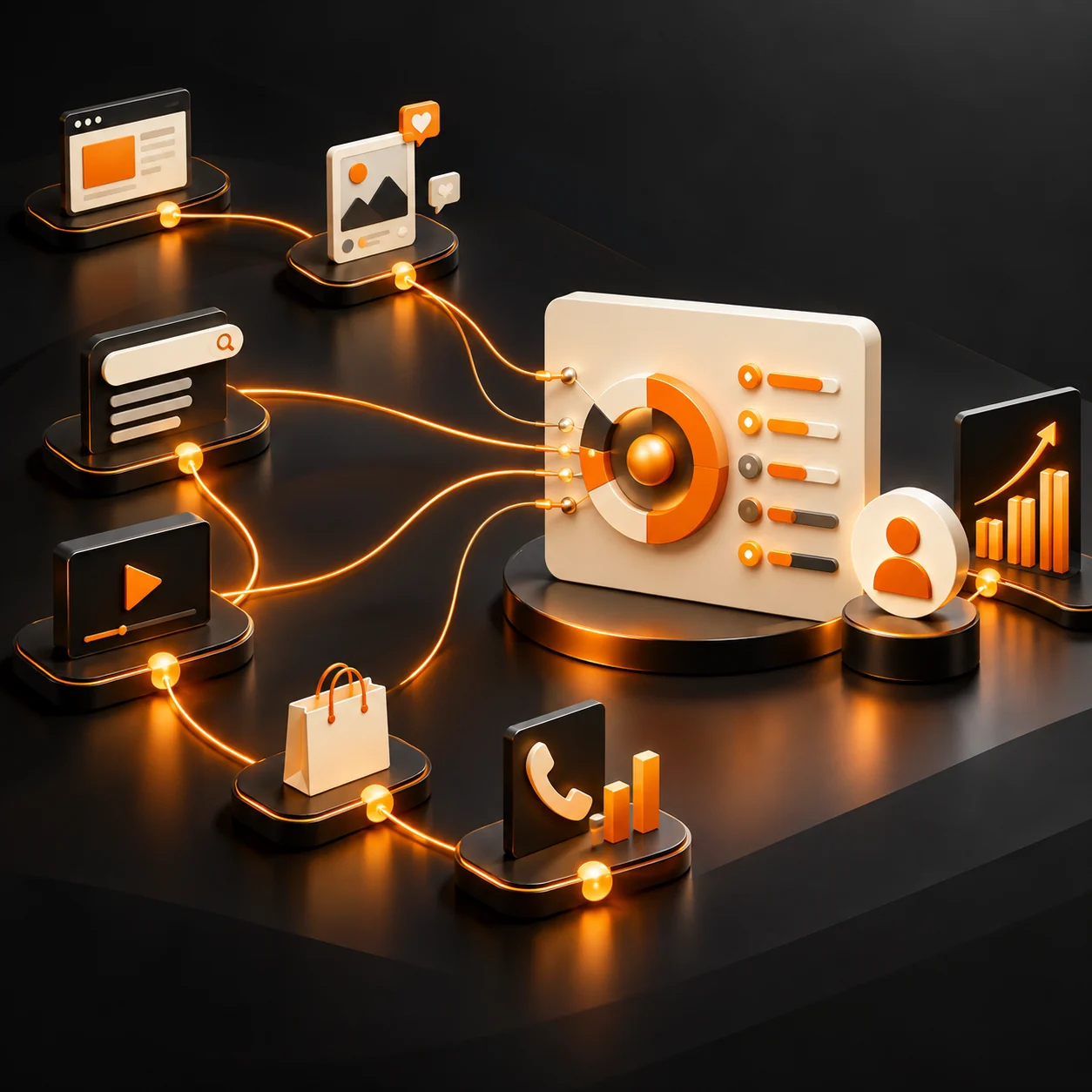 Abstract marketing attribution system with campaign touchpoints, orange customer journey paths, and a central attribution model board