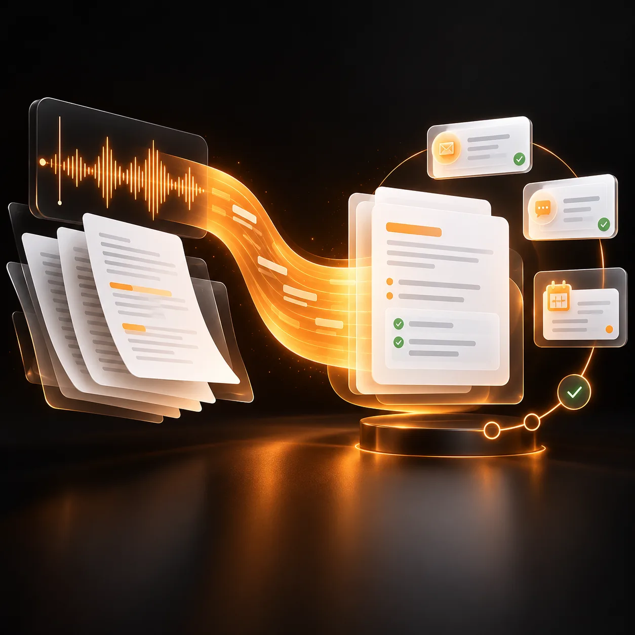 Abstract meeting transcript workflow transforming audio and notes into source-linked follow-up messages and reminders
