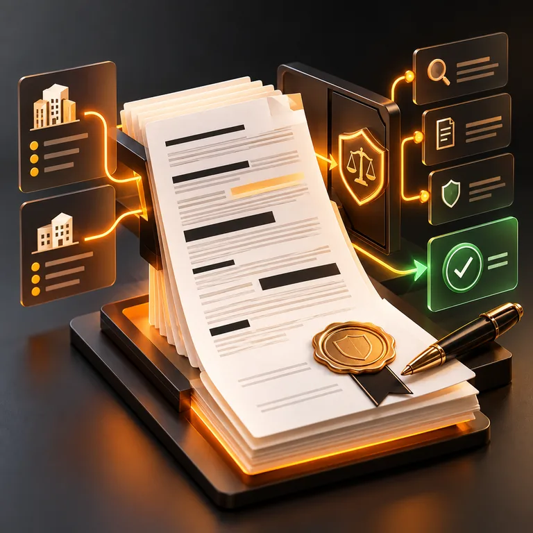 Abstract NDA processing workflow with confidentiality clauses, review gates, signature seal, and legal approval checkpoint