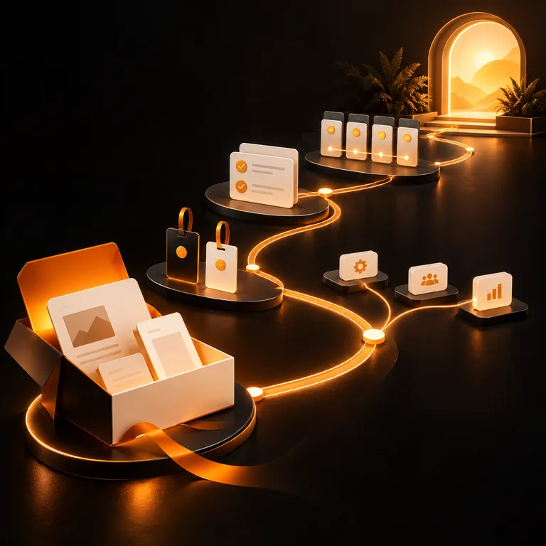 Abstract onboarding journey with welcome packet, access badges, checklist cards, first-week milestones, and amber handoff pathways