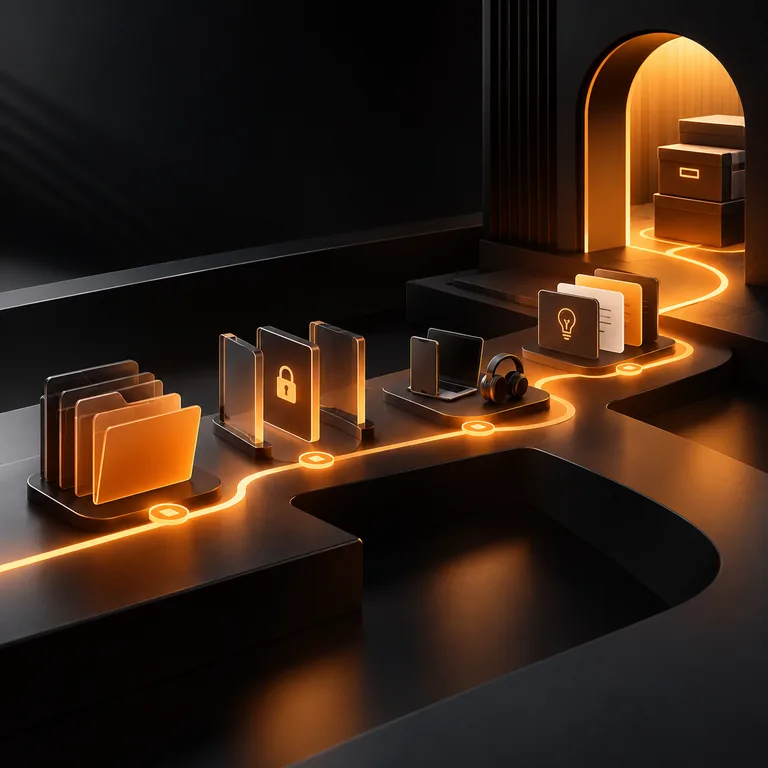 Abstract departure pathway with handover folders, access gates, equipment return markers, knowledge-transfer cards, and an amber secure archive route