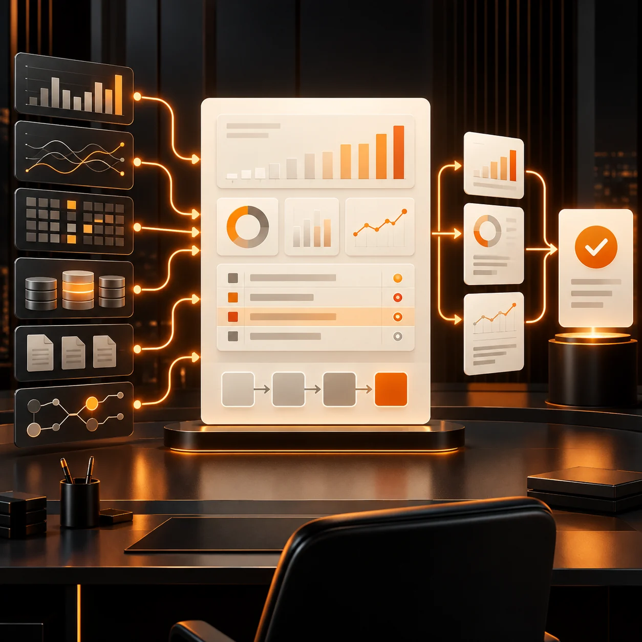 Abstract operations reporting workspace with metric cards, trend panels, orange evidence paths, and a human approval checkpoint