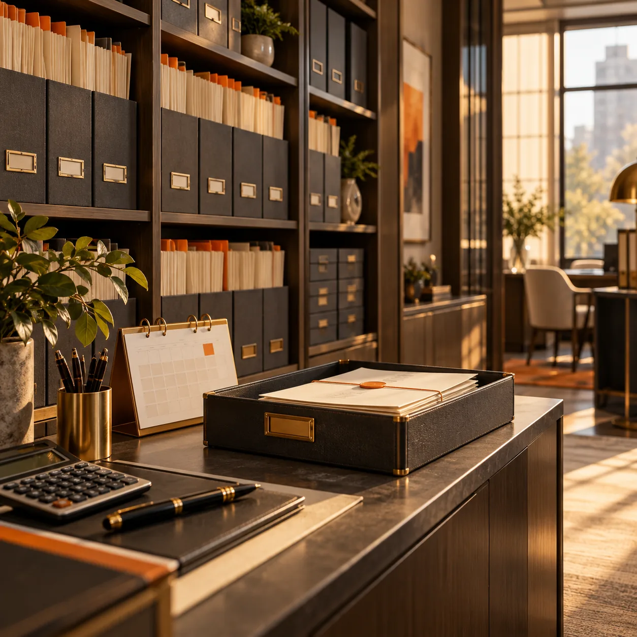 Editorial accounting office with organized client files, a secure document tray, calendar and calculator