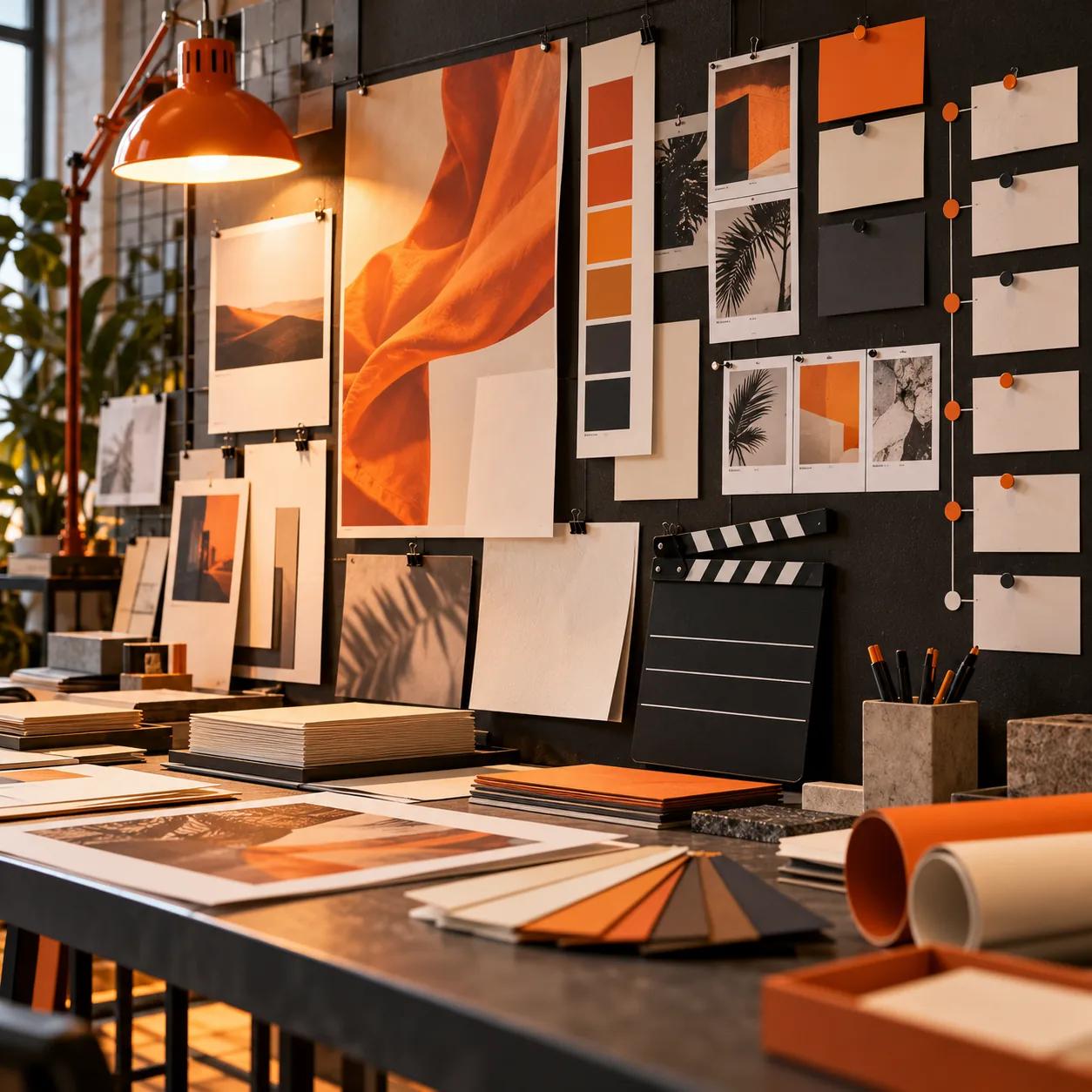 Creative advertising studio with campaign boards, color swatches, print proofs and production materials