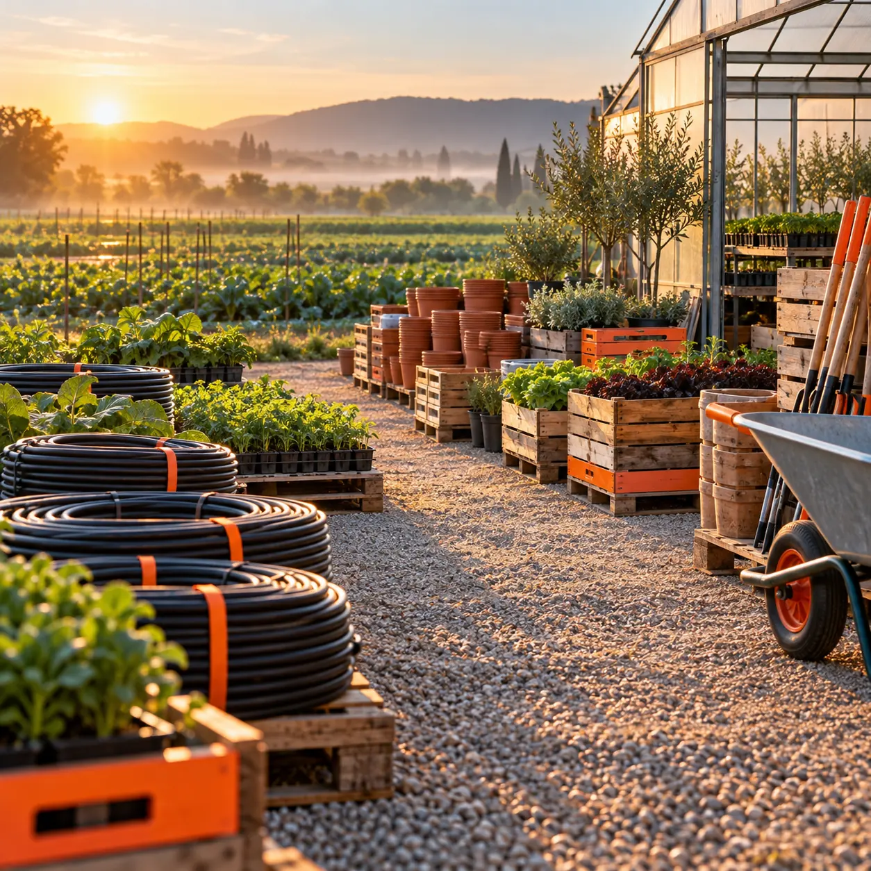 Agricultural supply staging area at sunrise with greenhouse plants, irrigation coils, crates and farm tools