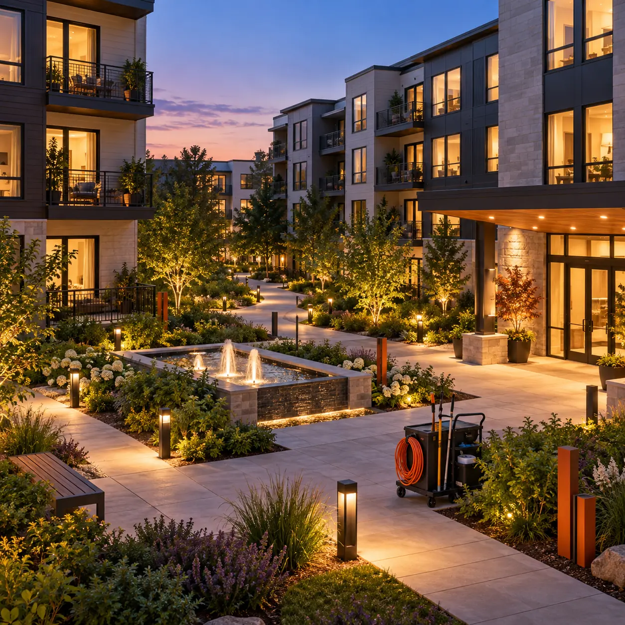 Modern apartment community courtyard at dusk with illuminated paths, fountain, landscaped buildings and a maintenance cart