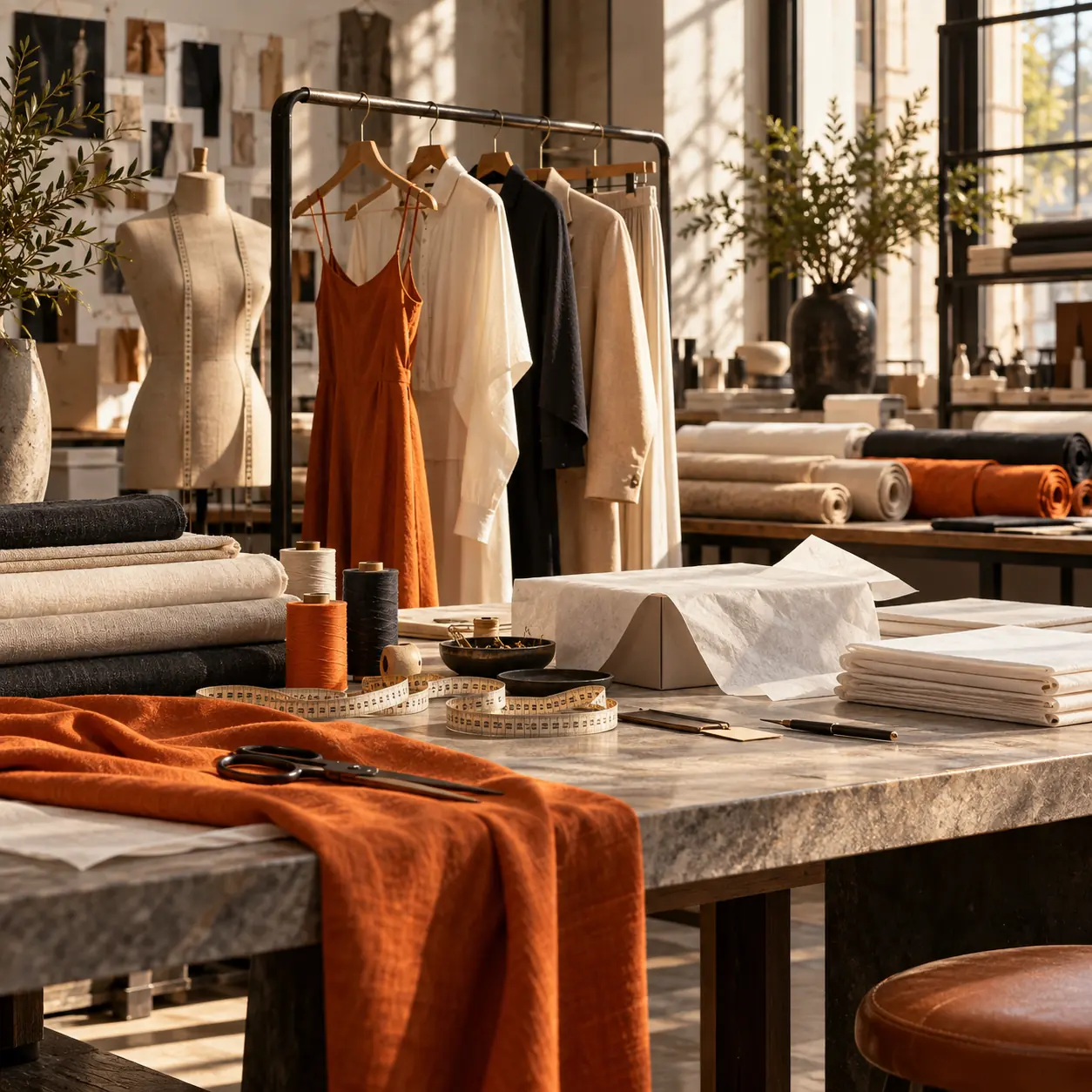 Fashion atelier with garments, fabric bolts, sewing materials and folded shipping tissue in Tranki orange, charcoal and ivory