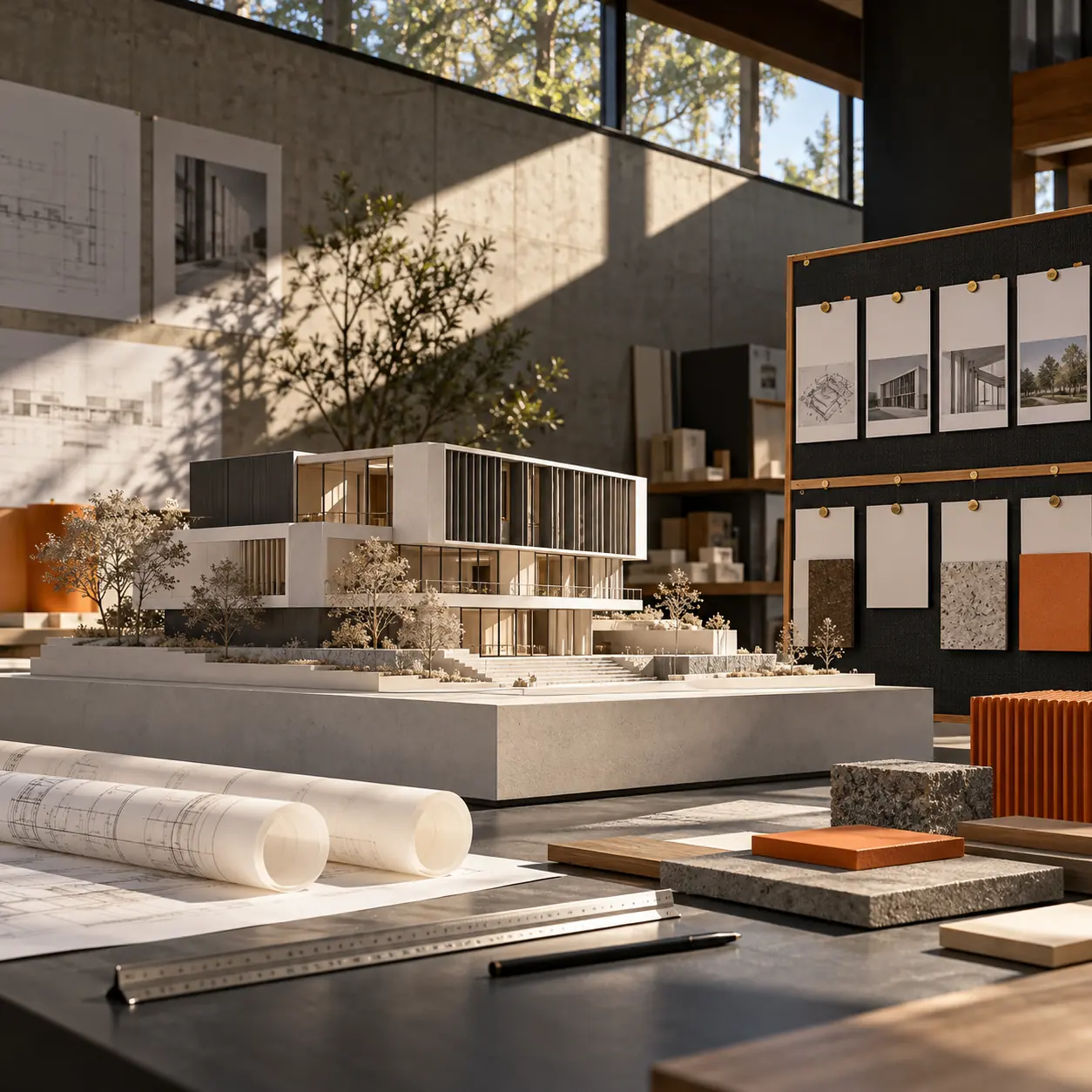 Architecture studio with a detailed scale model, tracing rolls, material samples and geometric daylight
