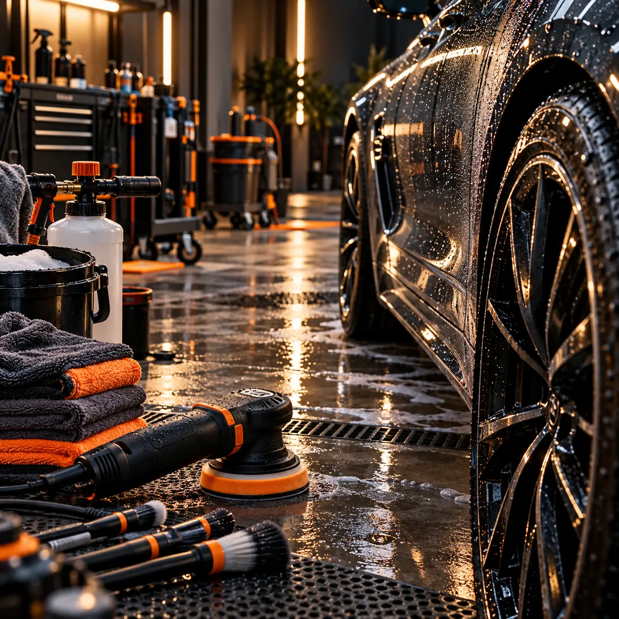 Professional auto detailing bay with a glossy vehicle, water beads, polishing tools and orange-and-charcoal towels