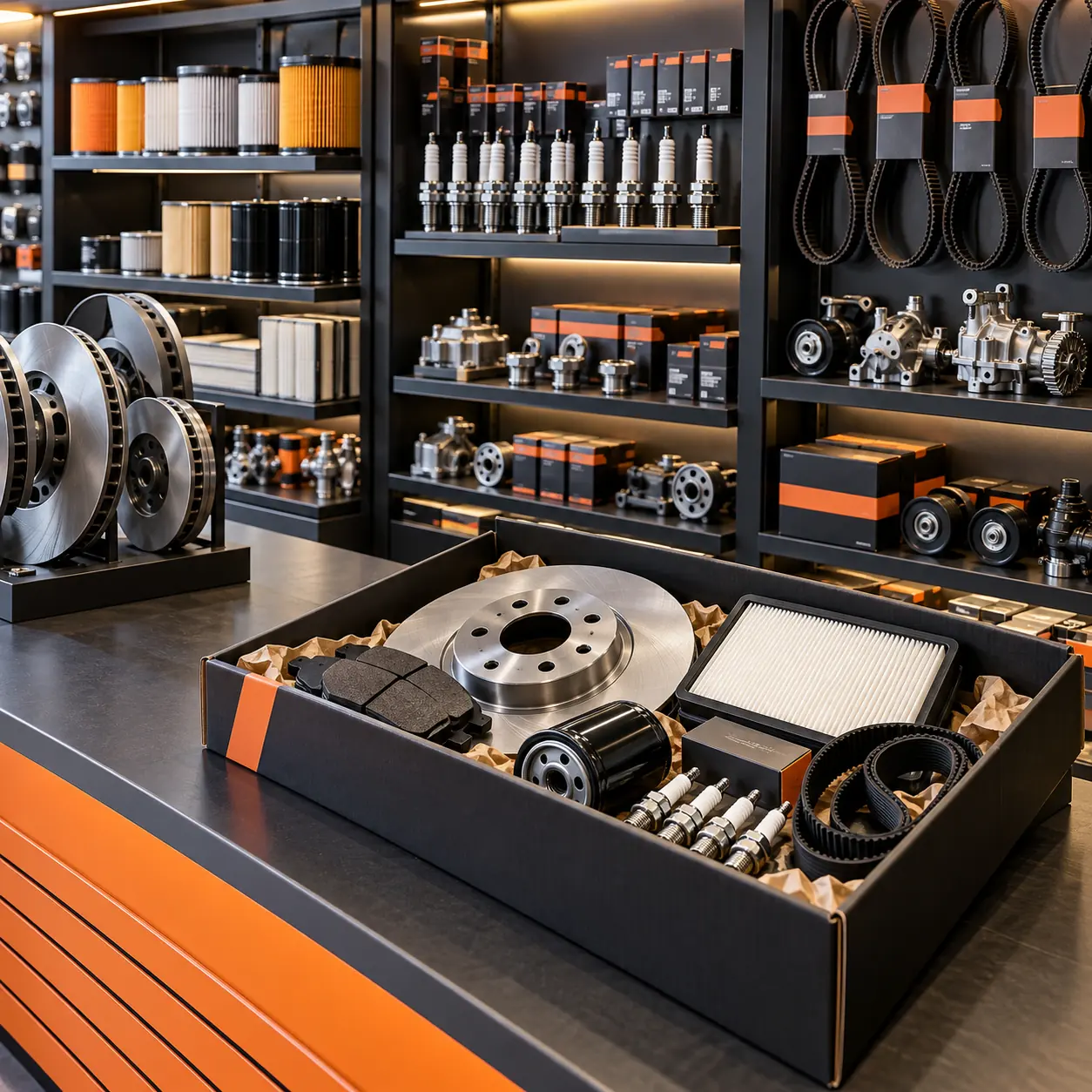 Automotive parts showroom with brake rotors, filters, spark plugs, belts and an order tray on charcoal and orange shelving