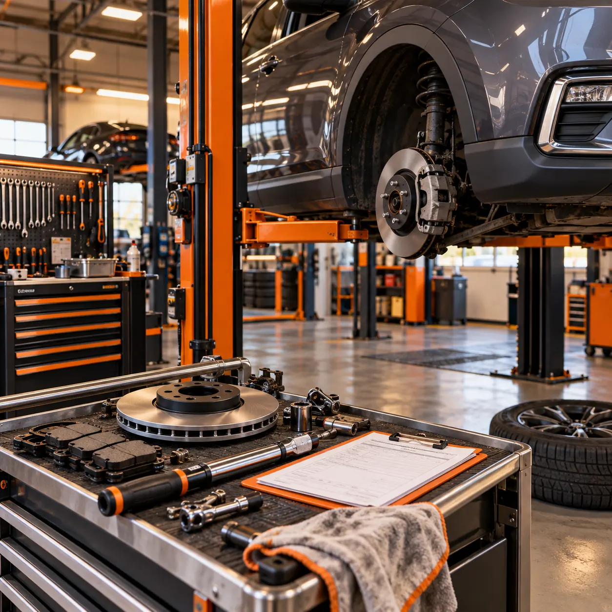 Auto repair shop with a vehicle on a lift, brake components, organized tools and an orange-accented work-order cart