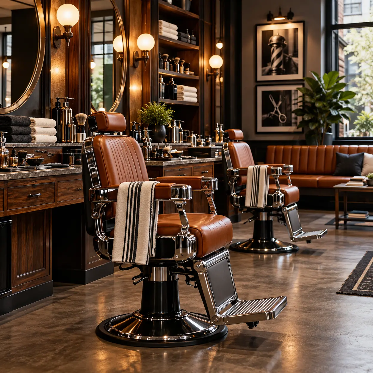 Refined barbershop interior with empty leather barber chairs, mirrors, towels and polished tools