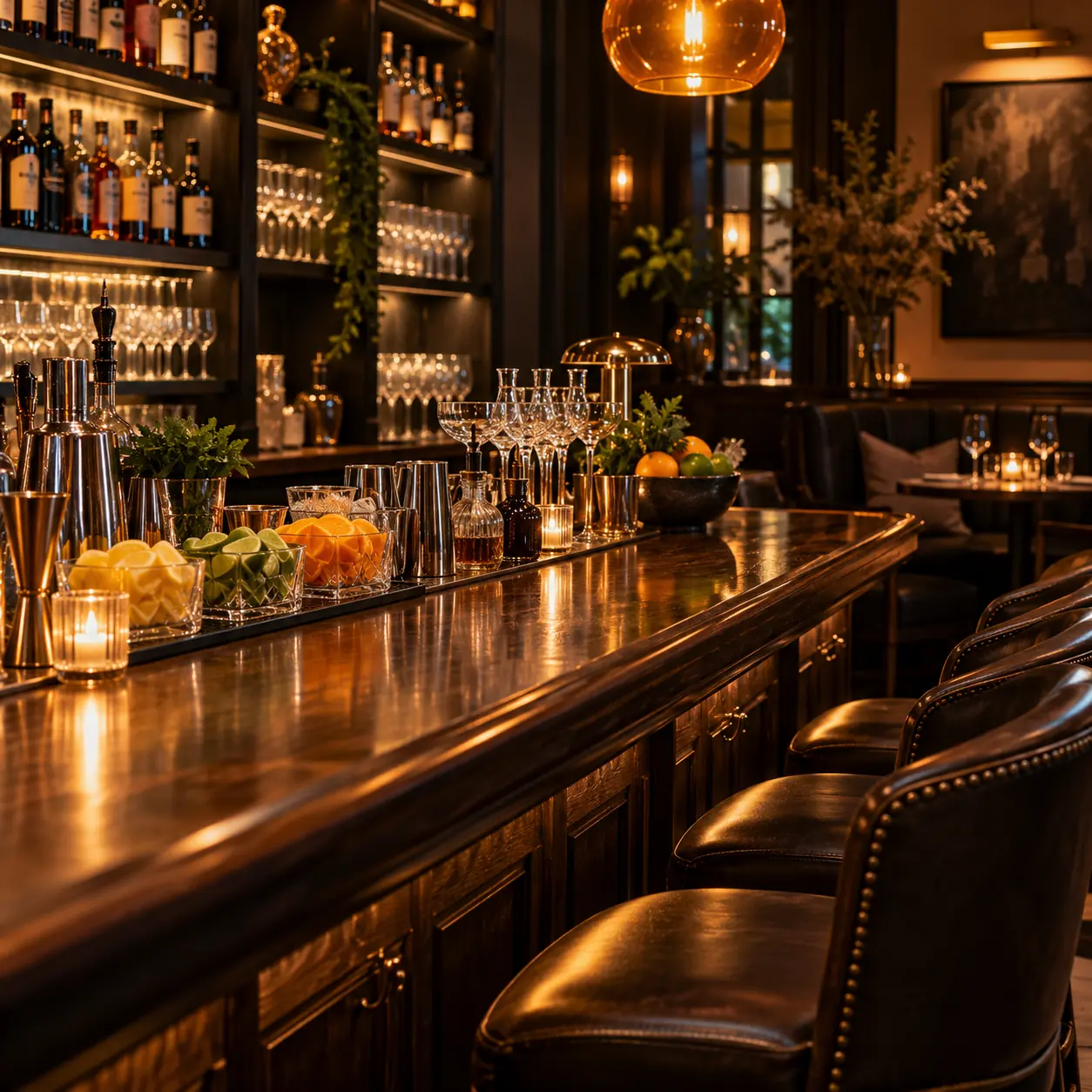 Upscale cocktail bar before opening with polished counter, glassware, citrus garnishes and warm orange lighting