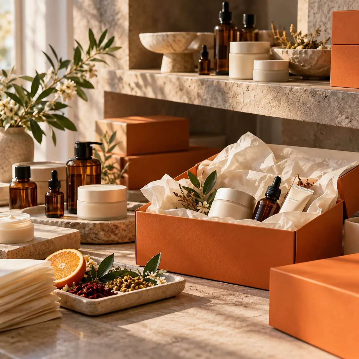Luxury skincare fulfillment studio with amber bottles, cream jars, botanical ingredients and orange packaging
